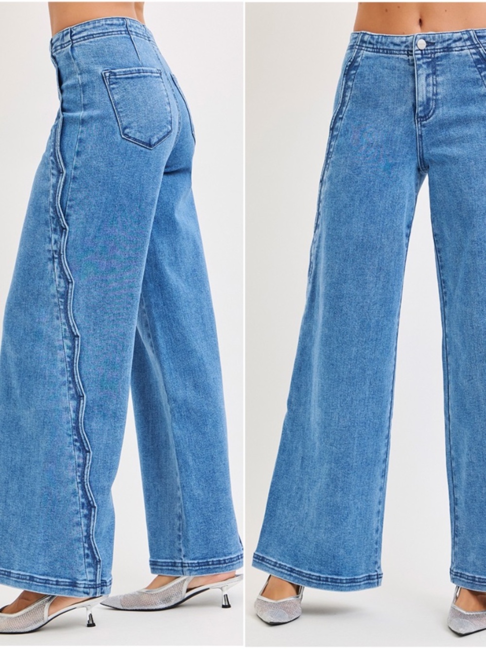 Risen Medium Wash Scalloped edge detail Wide leg Denim Jeans - Picture 3 of 3